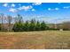 Wide shot of a large backyard with well-maintained grass, shrubbery, and mature evergreen trees at 1595 Cheatham Ford Rd, Hiddenite, NC 28636