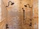 Walk-in shower featuring dual shower heads, a mosaic accent stripe and travertine tile at 325 Ivy Arbor Cir, Rock Hill, SC 29732