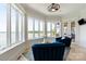 Bright sitting area with large windows overlooking the lake, featuring plush blue seating and tile floors at 325 Ivy Arbor Cir, Rock Hill, SC 29732
