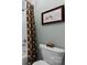 Bathroom with shower and decorative shower curtain features a patterned accent painting at 4628 Sierra View Dr, Denver, NC 28037