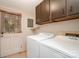 Practical laundry room with appliances, storage cabinets, and a door to the outside at 5329 Glenbrier Dr, Charlotte, NC 28212