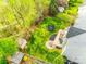 Aerial view of a backyard with a fire pit, patio area, trampoline, storage shed, and lush lawn at 1813 Robbins Meadows Dr, Waxhaw, NC 28173