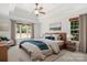 Well-appointed bedroom features a tray ceiling, fan, and large windows at 255 Honeysuckle Creek Loop, Mooresville, NC 28117