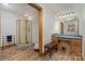 Bathroom featuring a corner shower, vanity area, and heated towel rack at 3720 Lanes Creek Rd, Marshville, NC 28103