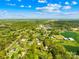 The aerial view showcases a picturesque town surrounded by lush green trees and a clear blue sky at 4375 Creek Ave, Midland, NC 28107