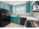 Modern kitchen featuring turquoise cabinets, quartz countertops, and stainless steel appliances at 969 Copperstone Ln, Fort Mill, SC 29708