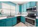 Stylish kitchen with turquoise cabinets, stainless steel appliances, and ample counter space at 969 Copperstone Ln, Fort Mill, SC 29708