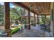 Covered patio with stone flooring, wood ceiling, outdoor fireplace, and views of the spa and landscaped backyard at 1012 Clover Crest Ln, Weddington, NC 28104