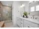 Luxurious bathroom featuring double vanity, large mirror, and walk-in glass shower with designer tile at 221 Davidson Gateway Dr, Davidson, NC 28036