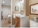 Small bathroom featuring a sink, toilet, framed art, neutral walls, and access to bedroom in background at 2792 Lakeshore Rd, Denver, NC 28037