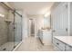 Modern bathroom featuring a spacious glass shower and double vanity at 3021 Patchwork Ct, Fort Mill, SC 29708