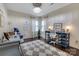 Stylish home office with hardwood floors, natural light, eclectic furniture, and a decorative chandelier at 4808 Truscott Rd, Charlotte, NC 28226
