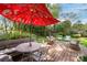 Relaxing deck area with outdoor seating and shade umbrella, ideal for entertaining or quiet enjoyment at 6100 Rose Valley Dr, Charlotte, NC 28210