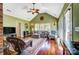 Spacious living room with vaulted ceilings, hardwood floors, and abundant natural light from large windows at 6420 Conifer Cir, Indian Trail, NC 28079