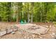 Tranquil backyard area with a decorative bridge, seating, and fire pit, creating a serene outdoor space at 2470 Highway 557 Rd, Clover, SC 29710