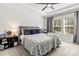 Comfortable bedroom featuring a ceiling fan, two windows and plush gray bedding at 4427 Bright Rd, Charlotte, NC 28214