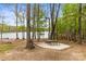 Lakeside picnic area with gravel, tables, and lake view at 4427 Bright Rd, Charlotte, NC 28214