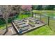 A fenced-in garden with raised beds and a pond in the background at 819 Beauhaven Ln, Waxhaw, NC 28173