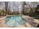 Backyard features a private in-ground pool, patio area and mature trees, providing a serene outdoor oasis at 8718 Canter Post Dr, Charlotte, NC 28216