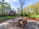 Outdoor patio with a round glass table, four wicker chairs, and mature landscaping at 106 Berea Baptist Church Rd, Stanfield, NC 28163