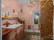 Bathroom with vanity, mirror, sconce, and salmon colored walls at 11170 Nc Hwy 73 E Hwy, Mount Pleasant, NC 28124
