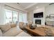 Bright living room featuring a fireplace, large TV, comfortable seating, and sliding glass doors to the outside at 1402 Encore Ln, Waxhaw, NC 28173
