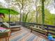 A stylish back deck features outdoor seating, decor, and a peaceful view of a natural setting at 615 Ridgeway Dr, Belmont, NC 28012