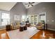 Spacious living room with vaulted ceilings, hardwood floors, and abundant natural light from large windows at 8621 Sequoia Grove Ln, Charlotte, NC 28214