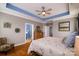 Bright main bedroom with decorative tray ceiling, ceiling fan, hardwood floors, and ensuite bathroom at 8621 Sequoia Grove Ln, Charlotte, NC 28214