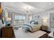 Comfortable main bedroom featuring a sitting area, tray ceilings, and large windows at 138 Great Point Dr, Mooresville, NC 28117