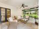 Beautiful covered patio with wicker furniture, ceiling fans, recessed lighting, and a view of the backyard at 2912 Wheelock Rd, Charlotte, NC 28211