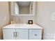 Bathroom vanity with white cabinets, modern fixtures, and a square mirror at 314 Bass Ln, Charlotte, NC 28270