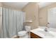 Neutral bathroom featuring a shower with a curtain, a single sink, and modern fixtures at 3411 Xandra Ct, Indian Land, SC 29707