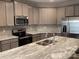 Modern kitchen features stainless steel appliances, granite countertops, and gray cabinets at 5126 Rocky River Crossing Rd, Harrisburg, NC 28075