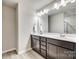 Bathroom with double vanity, ample lighting, dark cabinets, and modern tile flooring at 10002 Brittondale Ln, Charlotte, NC 28215