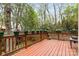 Wooden deck lined with potted plants, overlooking lush greenery and a wooded yard at 3414 Chagall Ct, Charlotte, NC 28205