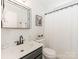 Stylish bathroom featuring a modern vanity, sleek mirror, and patterned shower curtain at 4303 Patriots Hill Rd, Mint Hill, NC 28227