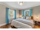 Bedroom with hardwood floors, a bed with blue pillows, and two windows with blue curtains at 206 23Rd Nw St, Hickory, NC 28601
