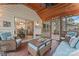 Covered porch with wood ceiling, outdoor seating, and view of kitchen through sliding glass door at 5225 Mcchesney Dr, Charlotte, NC 28269
