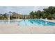 Community pool with lounge chairs and umbrellas surrounded by residential buildings and mature trees at 9032 Cornflower Dr, Harrisburg, NC 28075