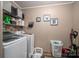 Organized laundry room with washer, dryer, and storage shelves at 980 Lakeland Ave, Lincolnton, NC 28092