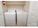 Laundry room area with a washer, dryer, and shelving for storage solutions at 1532 Hunt Club Ct, Rock Hill, SC 29732