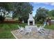 A serene backyard featuring an outdoor fireplace, lush lawn, and ample seating at 6036 Sharon Acres Rd, Charlotte, NC 28210