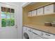 Laundry room featuring washer, dryer, overhead storage and exterior access at 8605 Ducksbill Dr, Charlotte, NC 28277
