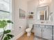 Bright bathroom with gray vanity, modern mirror, and a monstera plant by the window at 1079 Sage Pine Cir, Clover, SC 29710