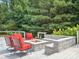 An outdoor patio with a stone fire pit, red cushioned chairs, and a built in stone bench nestled in a tranquil backyard at 2751 Collaroy Rd, Waxhaw, NC 28173