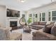 Cozy living room with a fireplace, TV, comfortable seating, large windows, and hardwood flooring for relaxation at 2751 Collaroy Rd, Waxhaw, NC 28173
