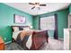 This cozy bedroom features turquoise walls, grey carpet and wood bed at 517 Bertram Rd, Fort Mill, SC 29708