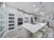 Modern, all-white kitchen features a large center island, pendant lighting, and stainless steel appliances at 20202 Dovekie Ln, Indian Land, SC 29707