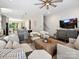 Open-concept living area featuring modern decor, abundant seating, and seamless flow to the adjacent kitchen at 7324 Swans Run Rd, Charlotte, NC 28226